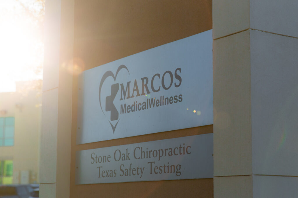 Metal labels: Marcos Medical Wellness. Stone Oak Chiropractic Texas Safety Testing